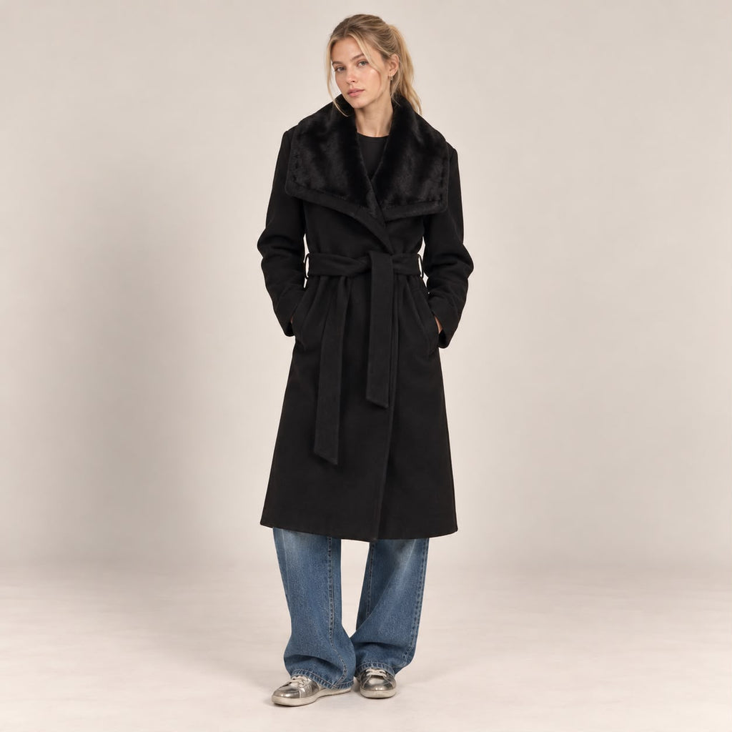 Faux Fur Collar Coat in Black, front view