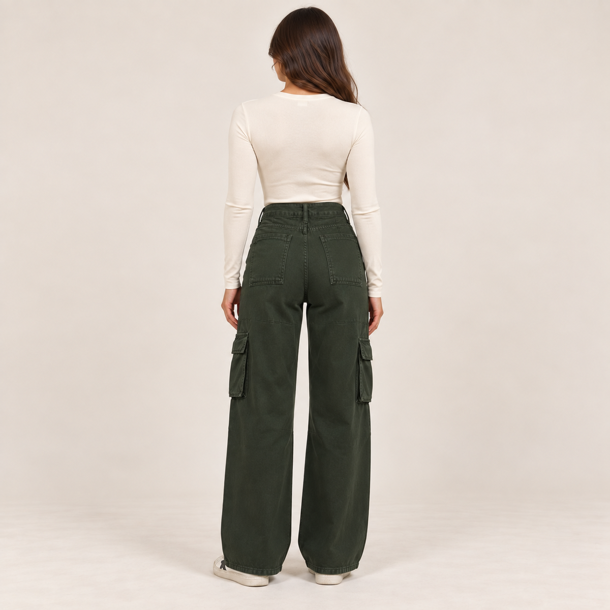 Wide-Leg Cargo Jeans in Olive Green, back view