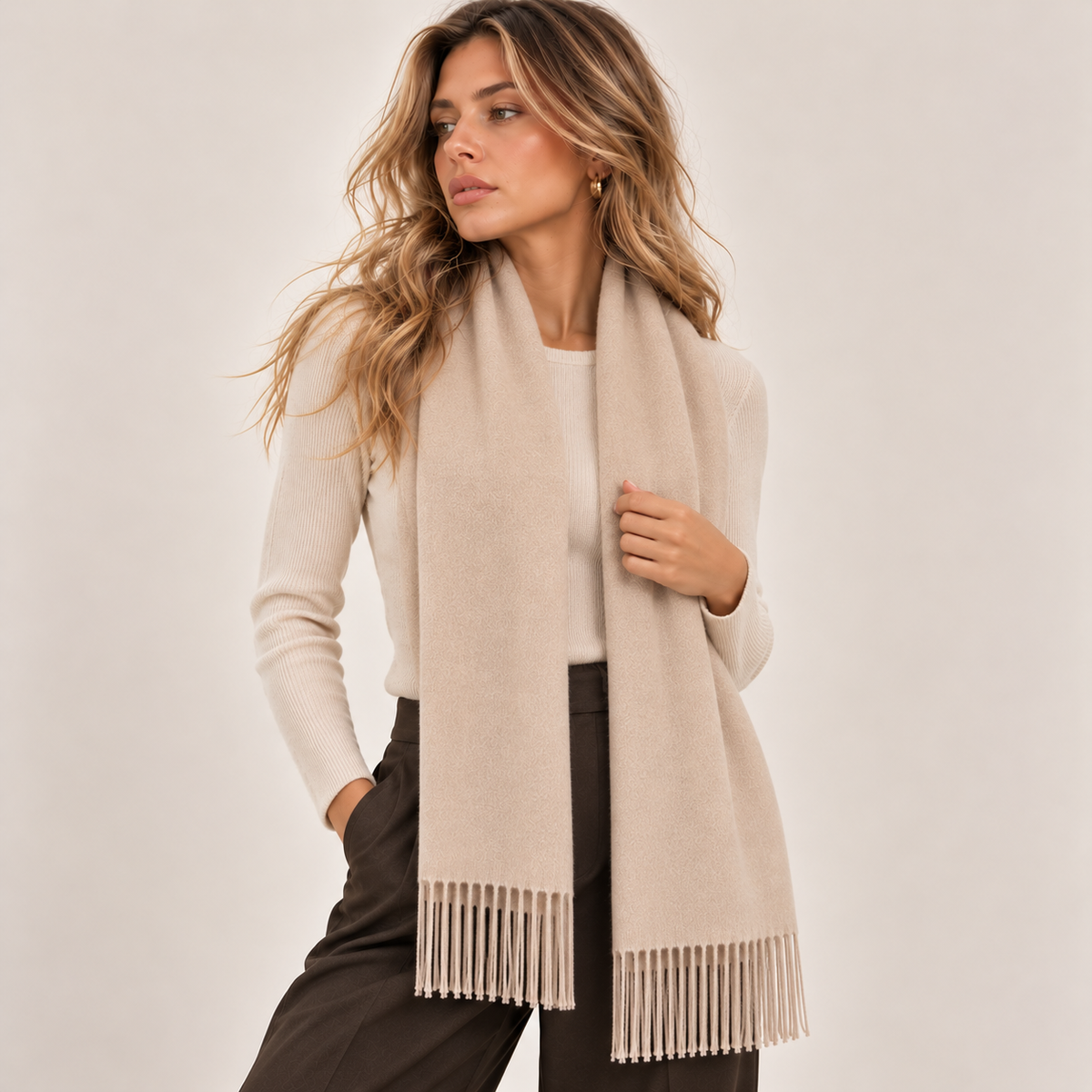 Classic Fringed Winter Scarf in Beige, front view