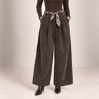 Velvet-Touch Wide-Leg Pants With Scarf Belt in Brown, front view