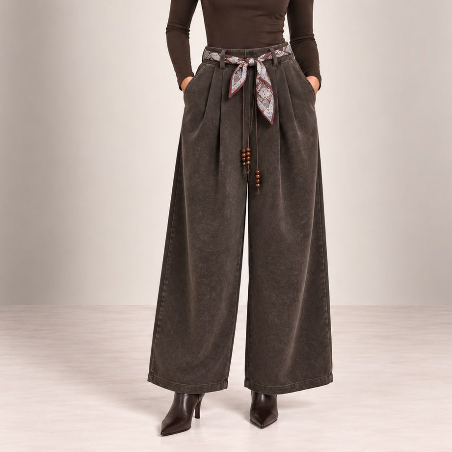 Velvet-Touch Wide-Leg Pants With Scarf Belt in Brown, front view