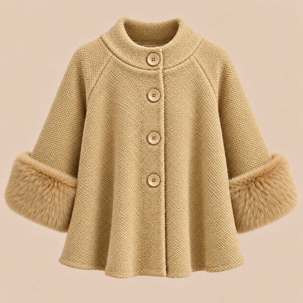 Knit Cape Jacket With Faux Fur Cuffs in Mustard, product front view