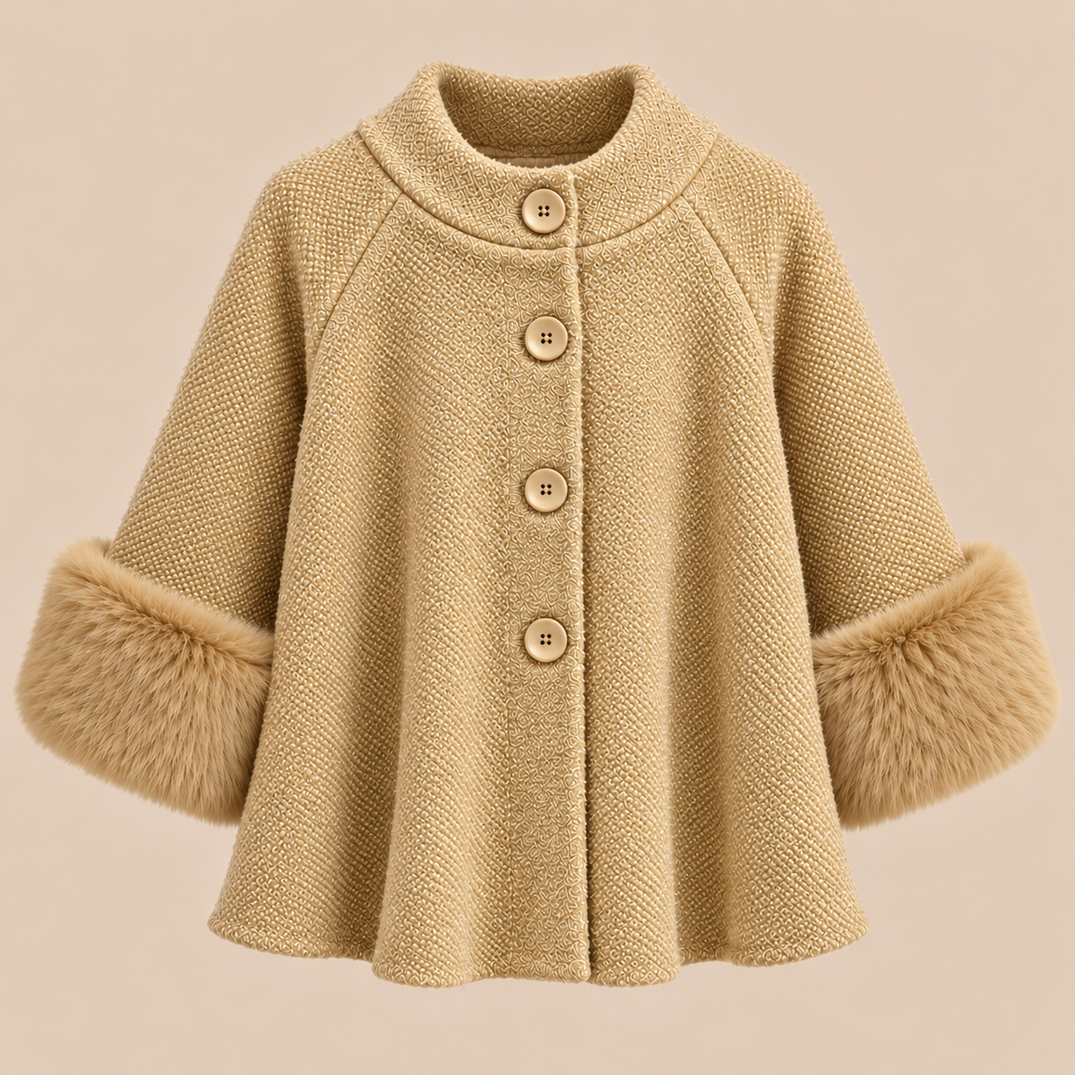 Knit Cape Jacket With Faux Fur Cuffs in Mustard, product front view