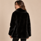 Faux Fur Shawl Collar Coat With Gold Button in Black, model back view