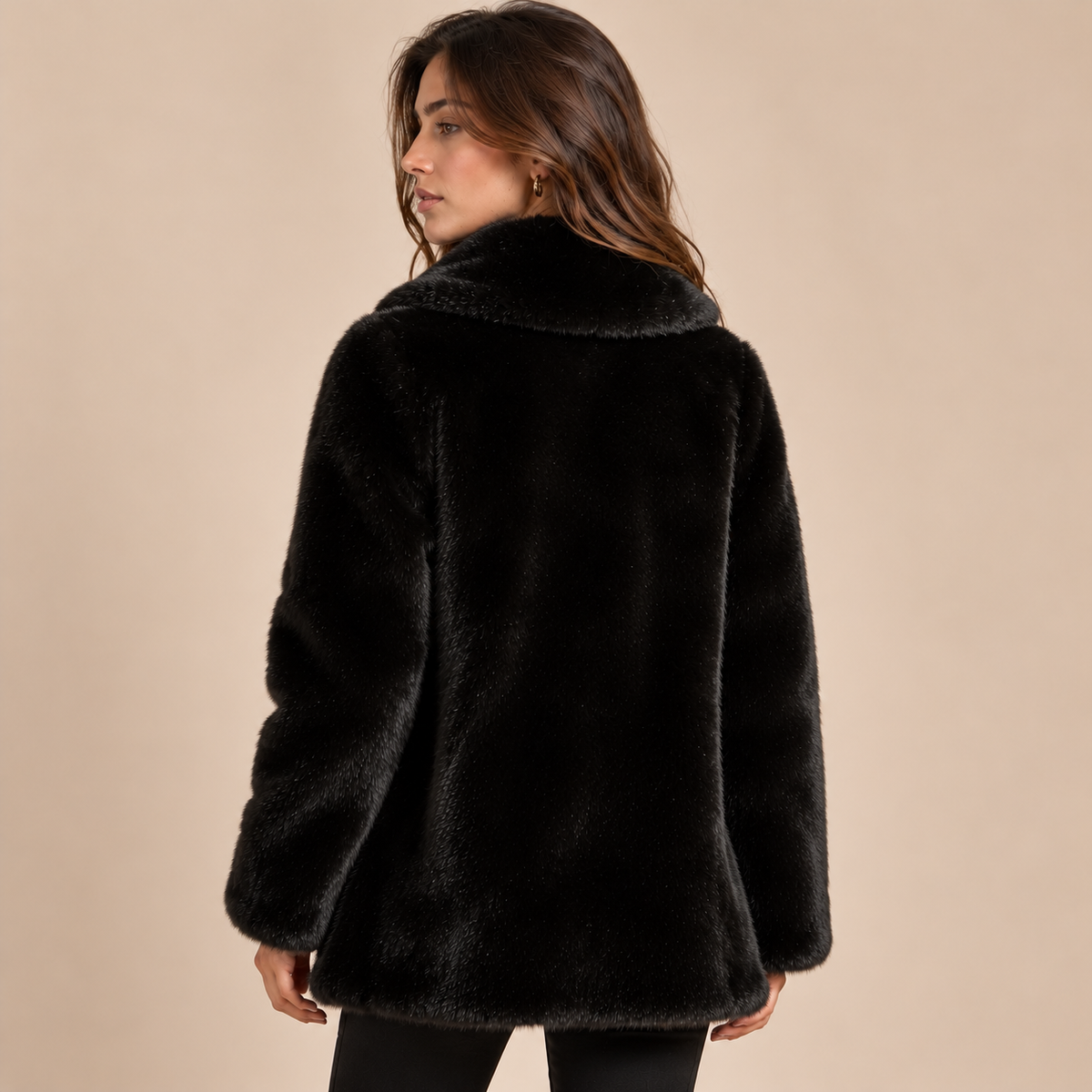 Faux Fur Shawl Collar Coat With Gold Button in Black, model back view
