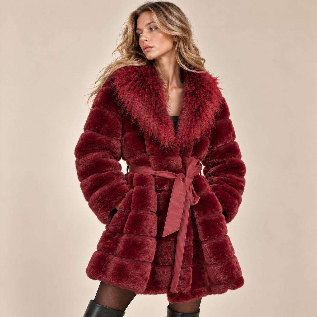Belted Panelled Faux Fur Coat in Burgundy, model front view