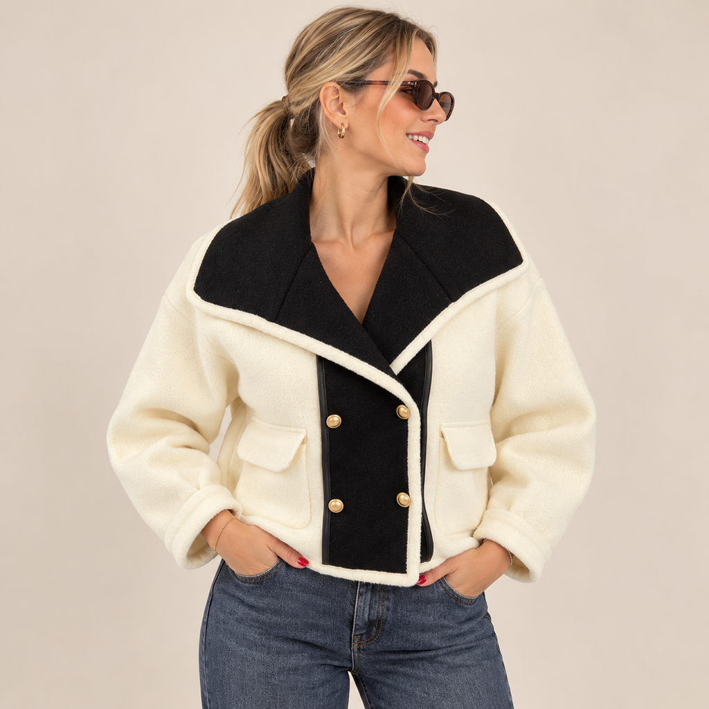 Two-Tone Double-Breasted Cropped Jacket in White, front view