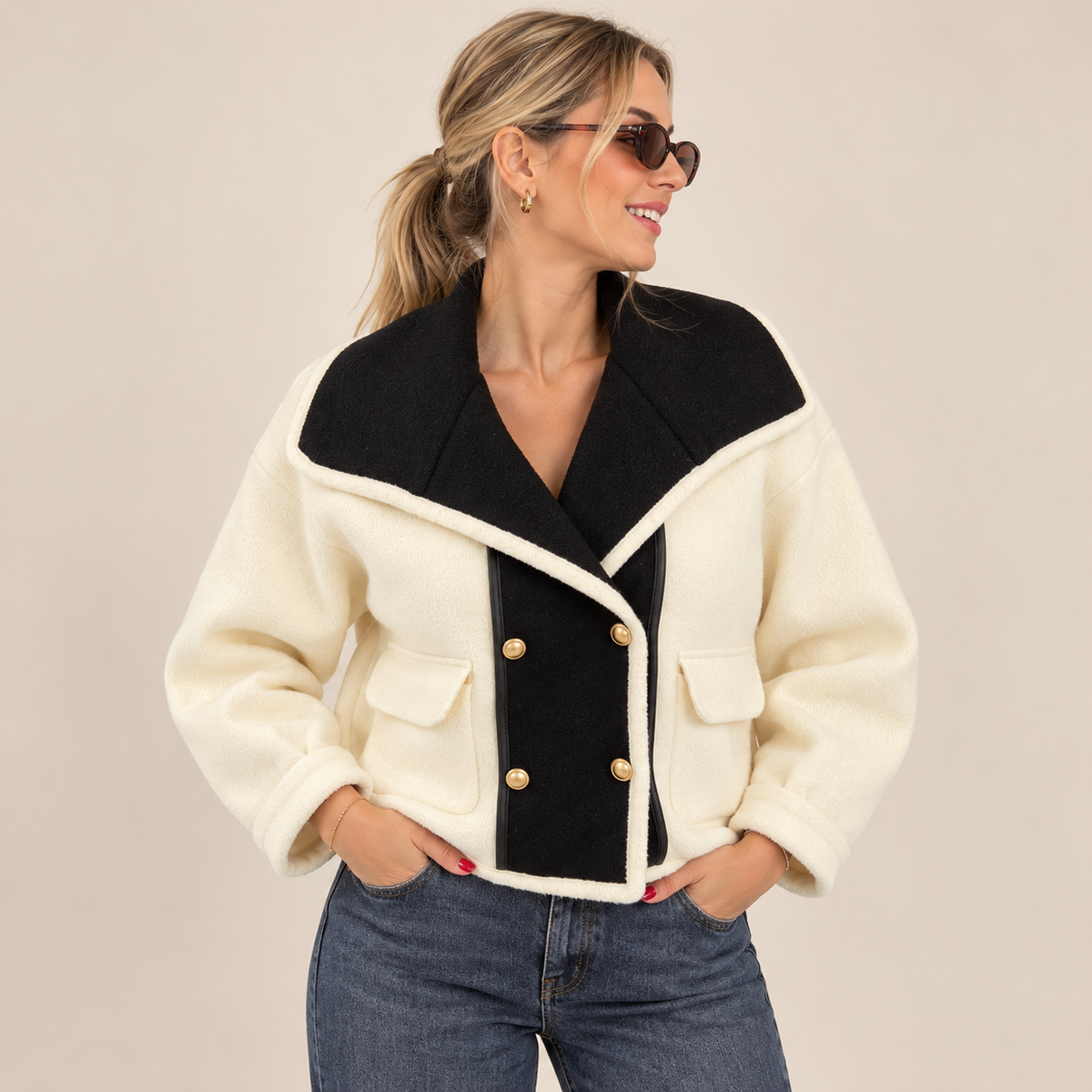 Two-Tone Double-Breasted Cropped Jacket in White, front view