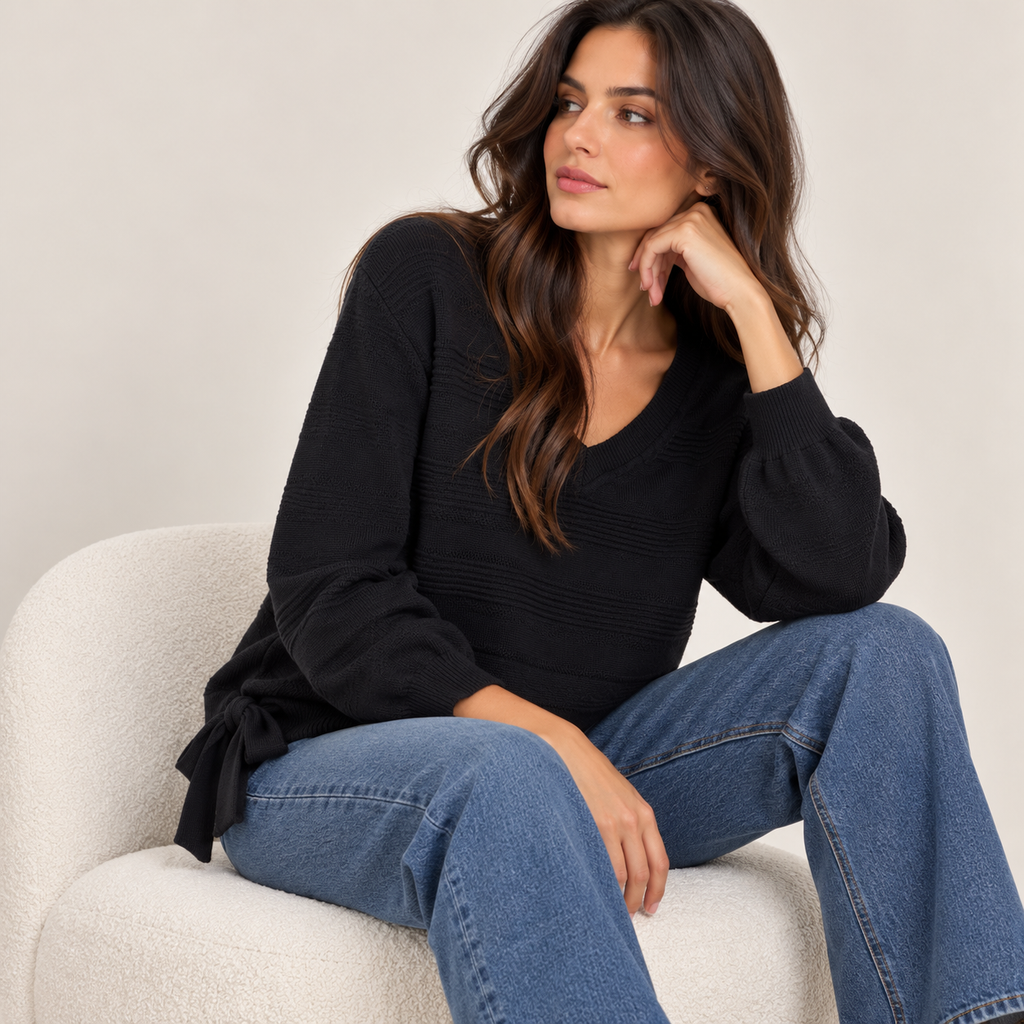Side-Tie Textured V-Neck Sweater in Black, model view