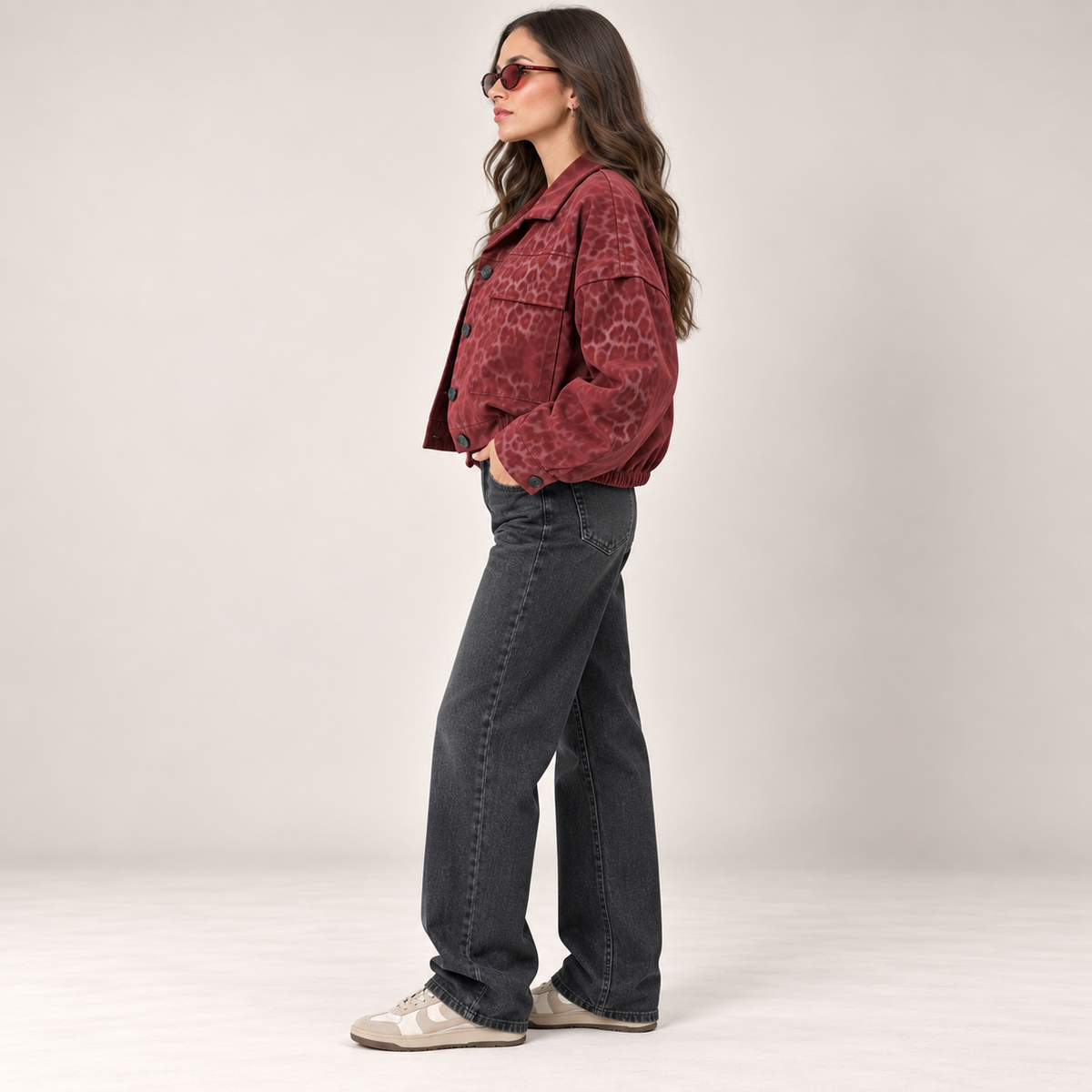 Cropped Tonal Leopard Jacket in Burgundy, side view
