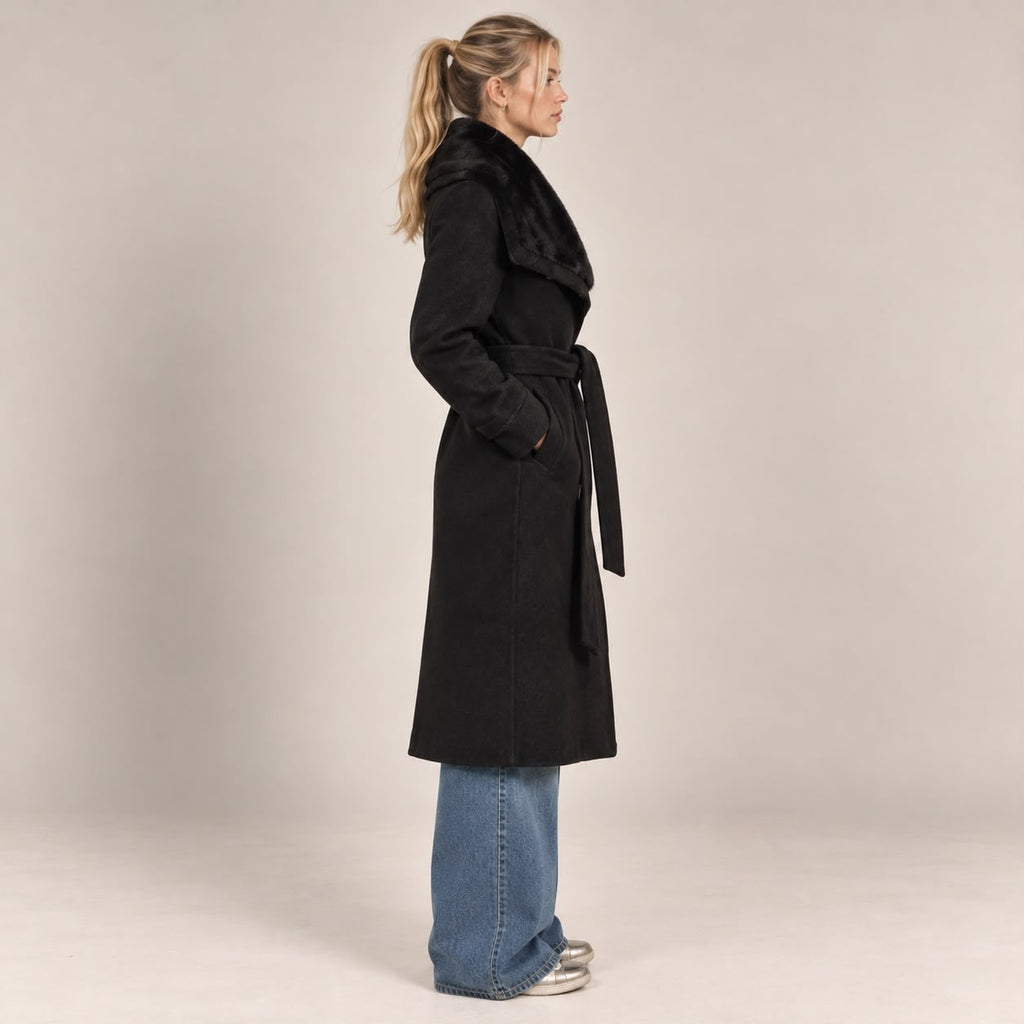 Faux Fur Collar Coat in Black, side view