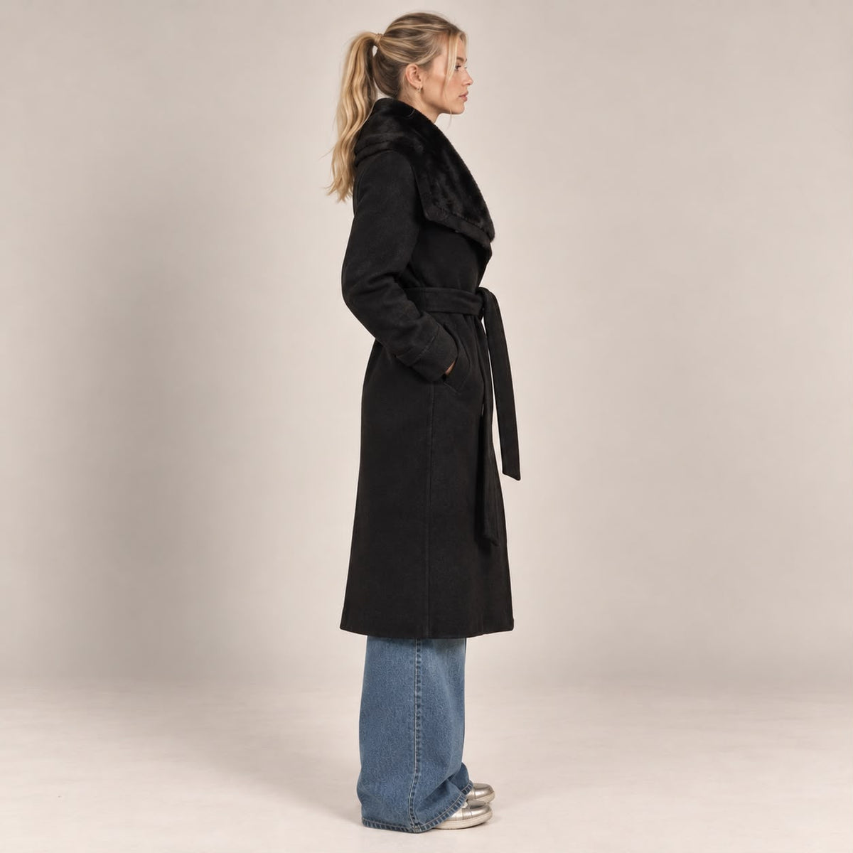 Faux Fur Collar Coat in Black, side view
