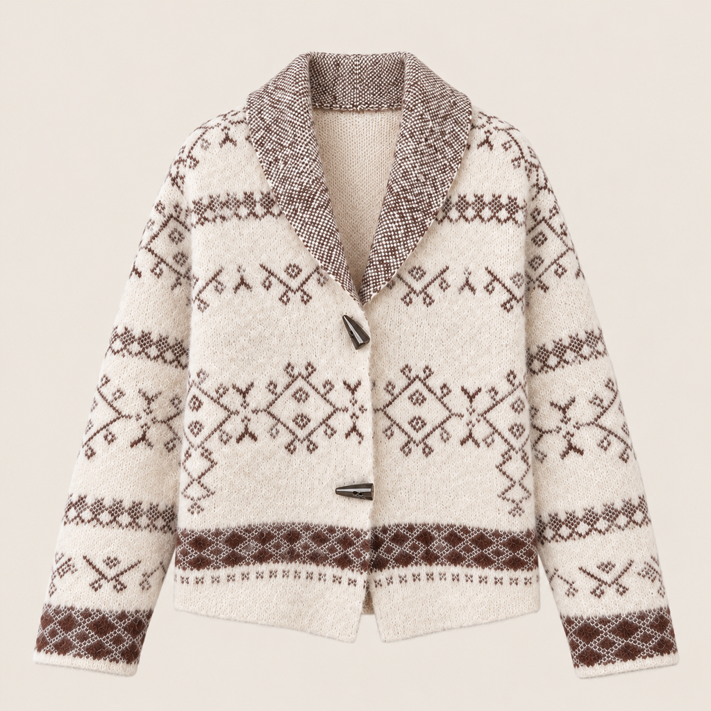 Nordic Knit Shawl Collar Cardigan in White and Beige, product view