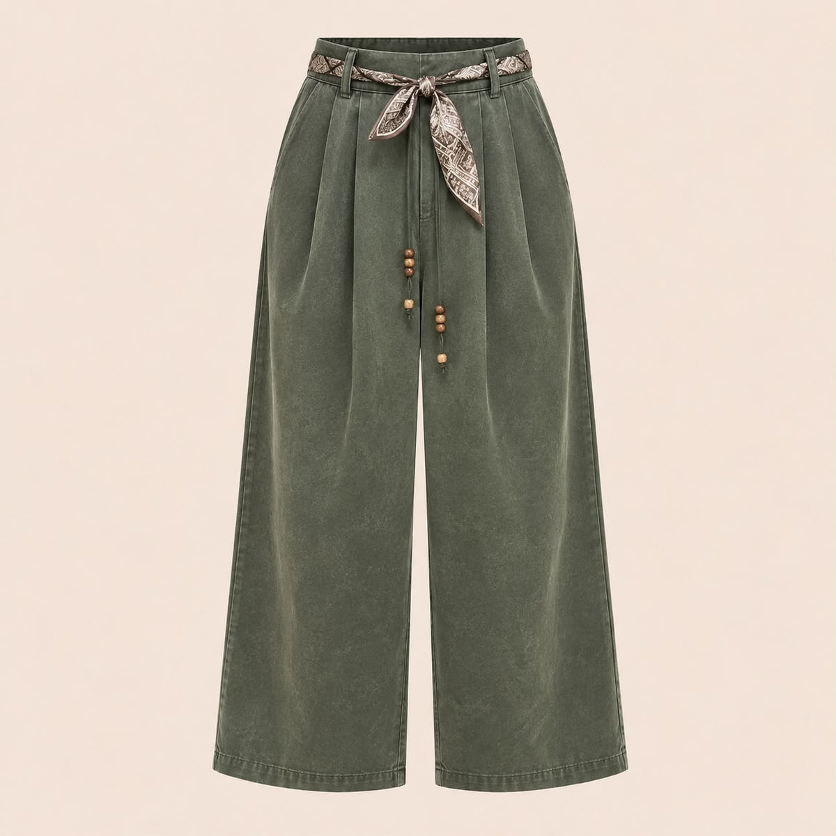 Velvet-Touch Wide-Leg Pants With Scarf Belt in Khaki, product view