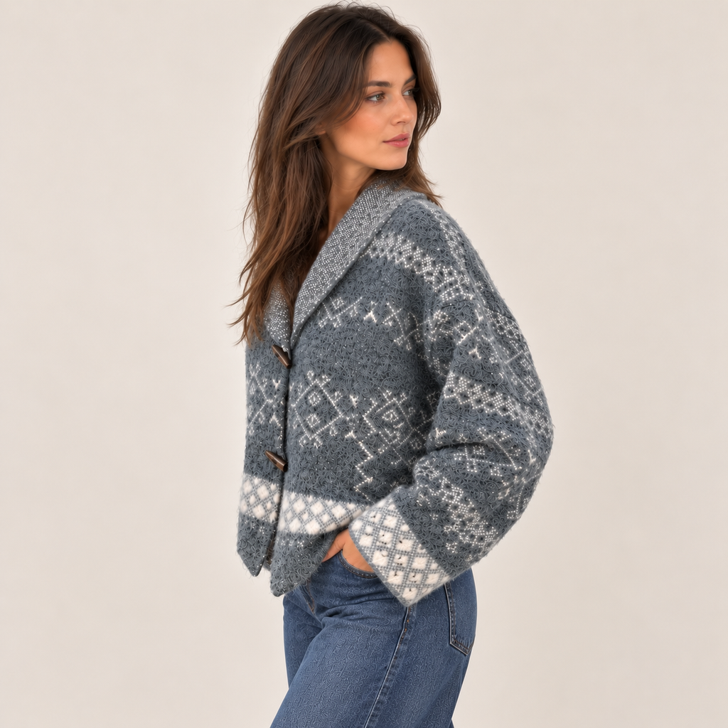 Nordic Knit Shawl Collar Cardigan in Grey and White, side view