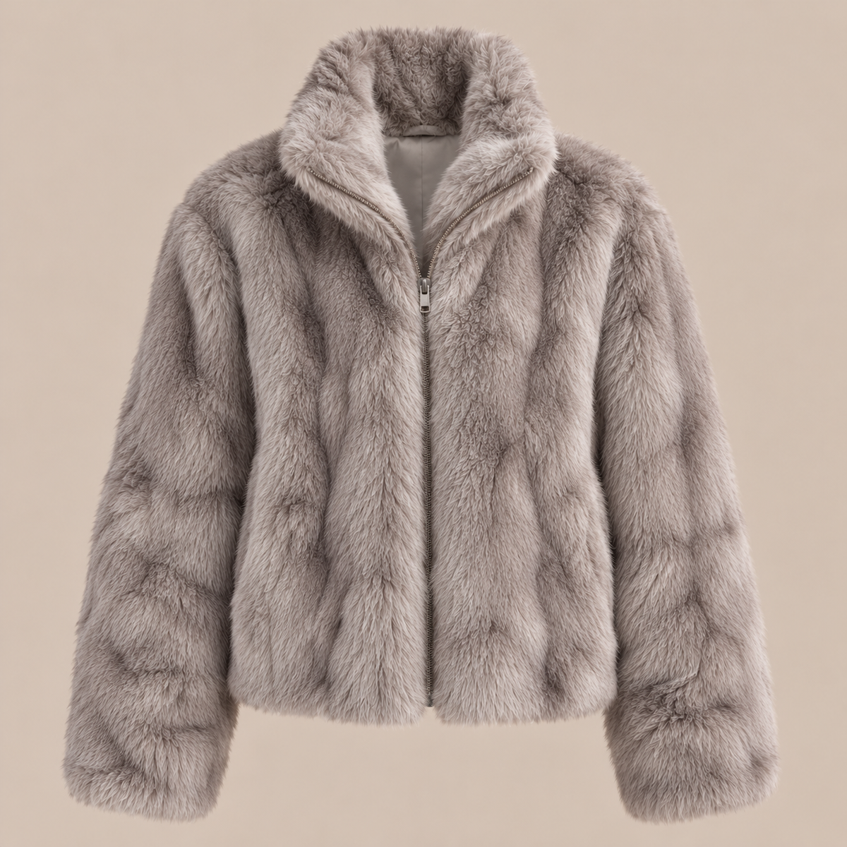 Cropped Faux Fur Zip-Up Jacket in Grey, product front view