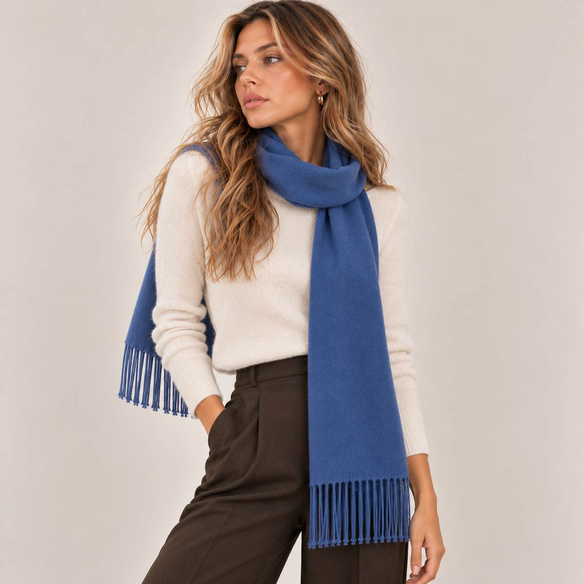 Classic Fringed Winter Scarf in Blue, front view