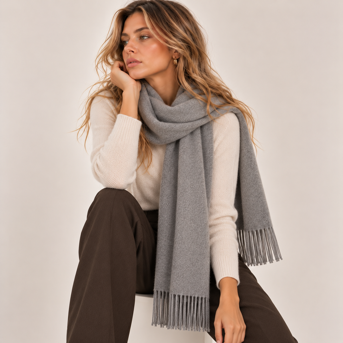 Classic Fringed Winter Scarf in Grey, front view
